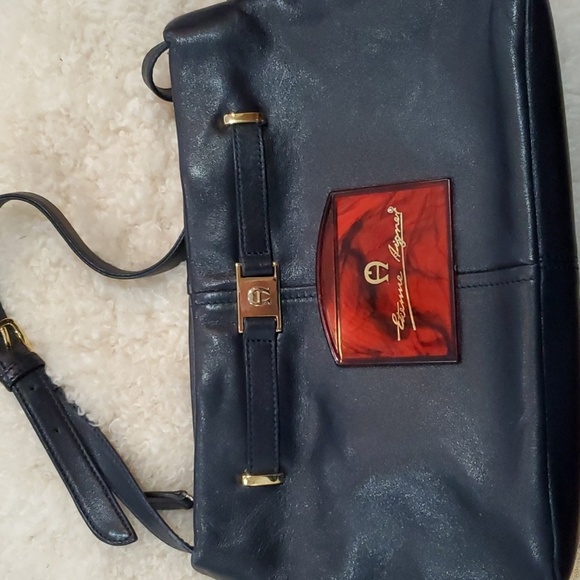 Etienne Aigner Handbags - Etienne Aigner Black Leather Shoulder Bag with Gold Accents Plus Pocket Mirror